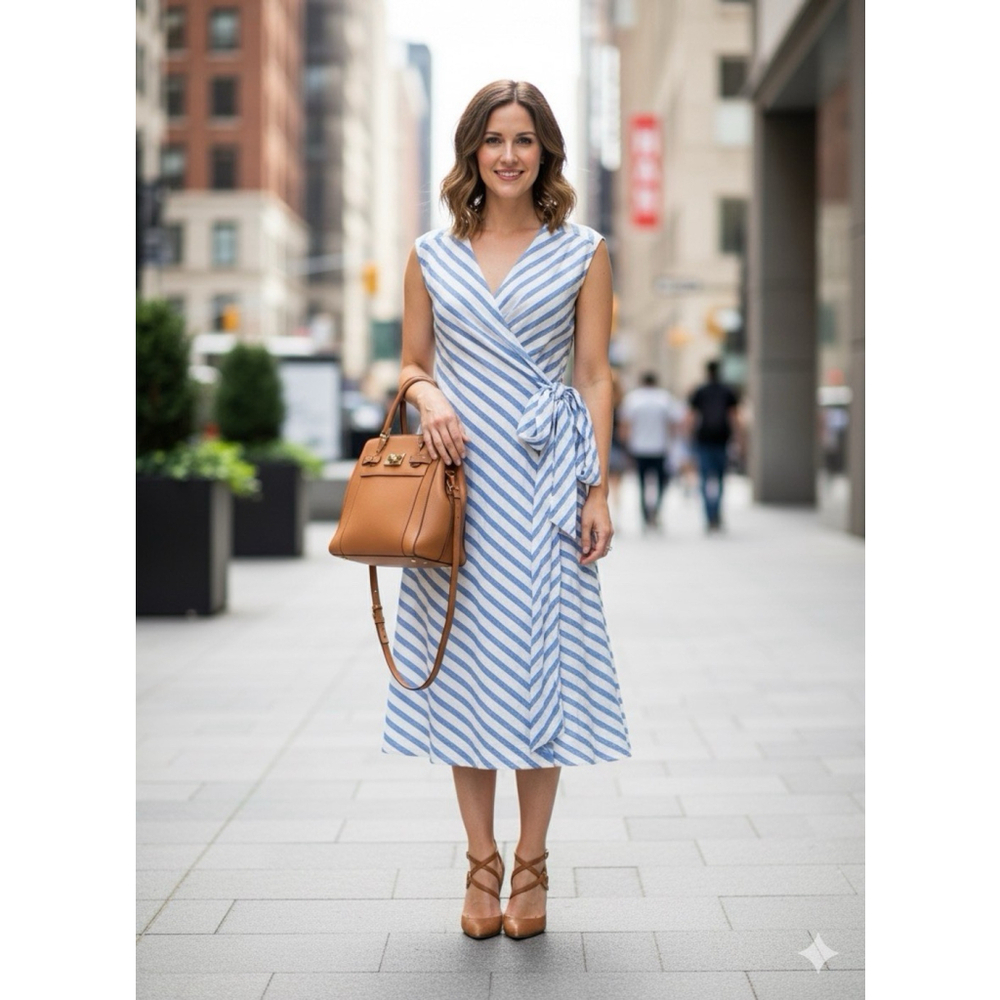 Ann Mashburn Striped Midi Wrap Dress Small Blue White Luxury Old Money $450